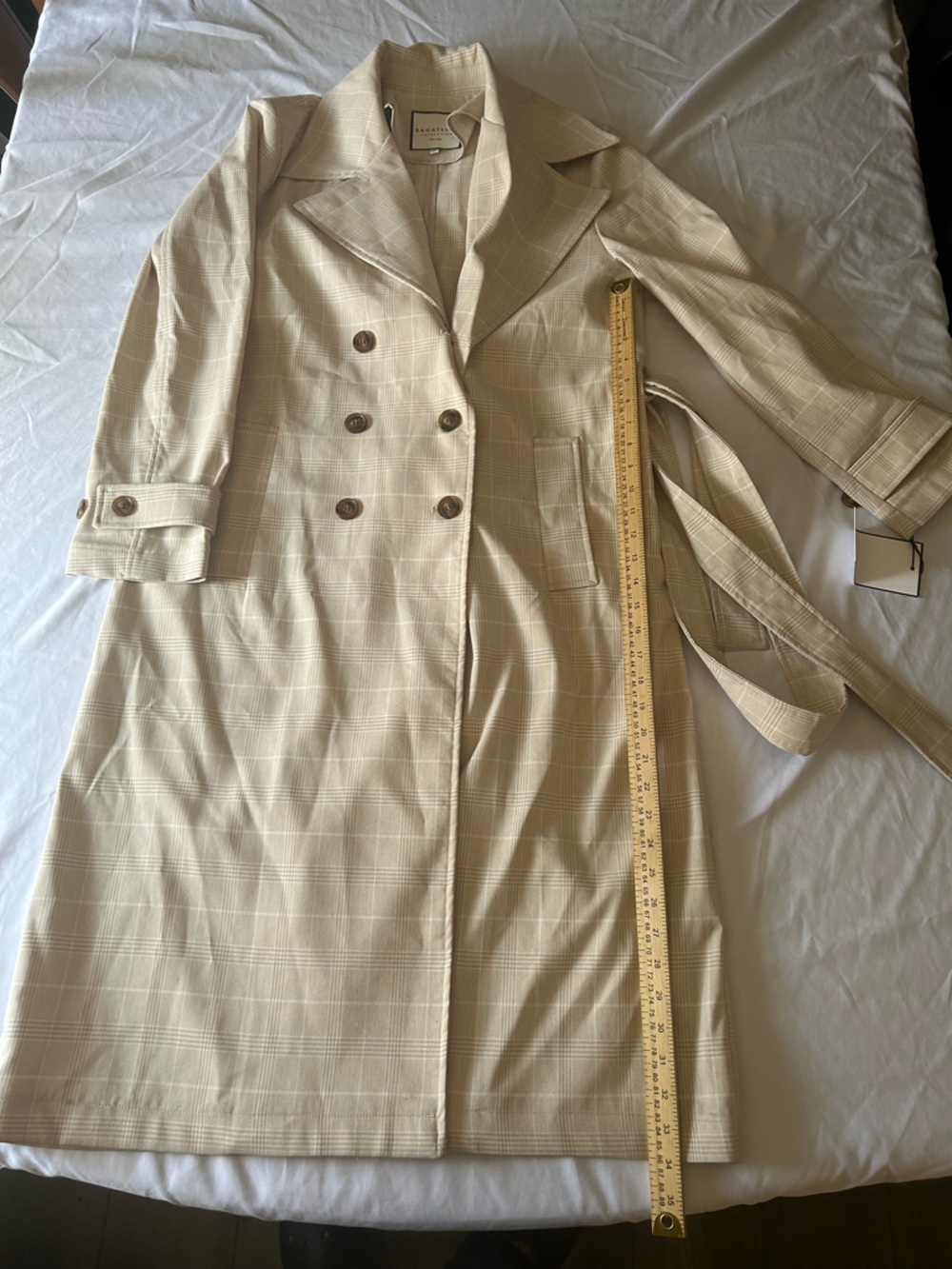 Bagatelle Collection Plaid Trench Coat Beige Double Breasted Belted Size L - Picture 5 of 6